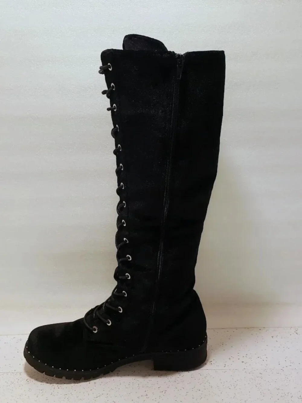 JustFab Ramona Black Velvet Tall Knee High Lace Up Combat Boots Women's Size 8